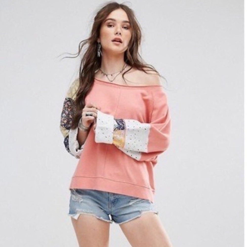 Free People Suns Out Sweater Womens S Pink Patchwork Oversized Pullover Knit Top